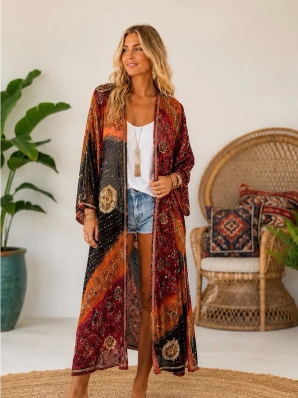 Boho Floral Patchwork Long Kimono Robe - Rust Multi